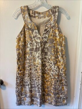 LOFT Yellow & Taupe Printed Linen-Blend Mini Dress